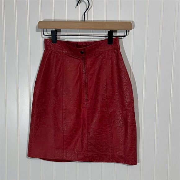 VTG New Yorker Red Embossed Leather Skirt 7 High Waist Midi Mob Wife 80s Retro - Picture 1 of 8